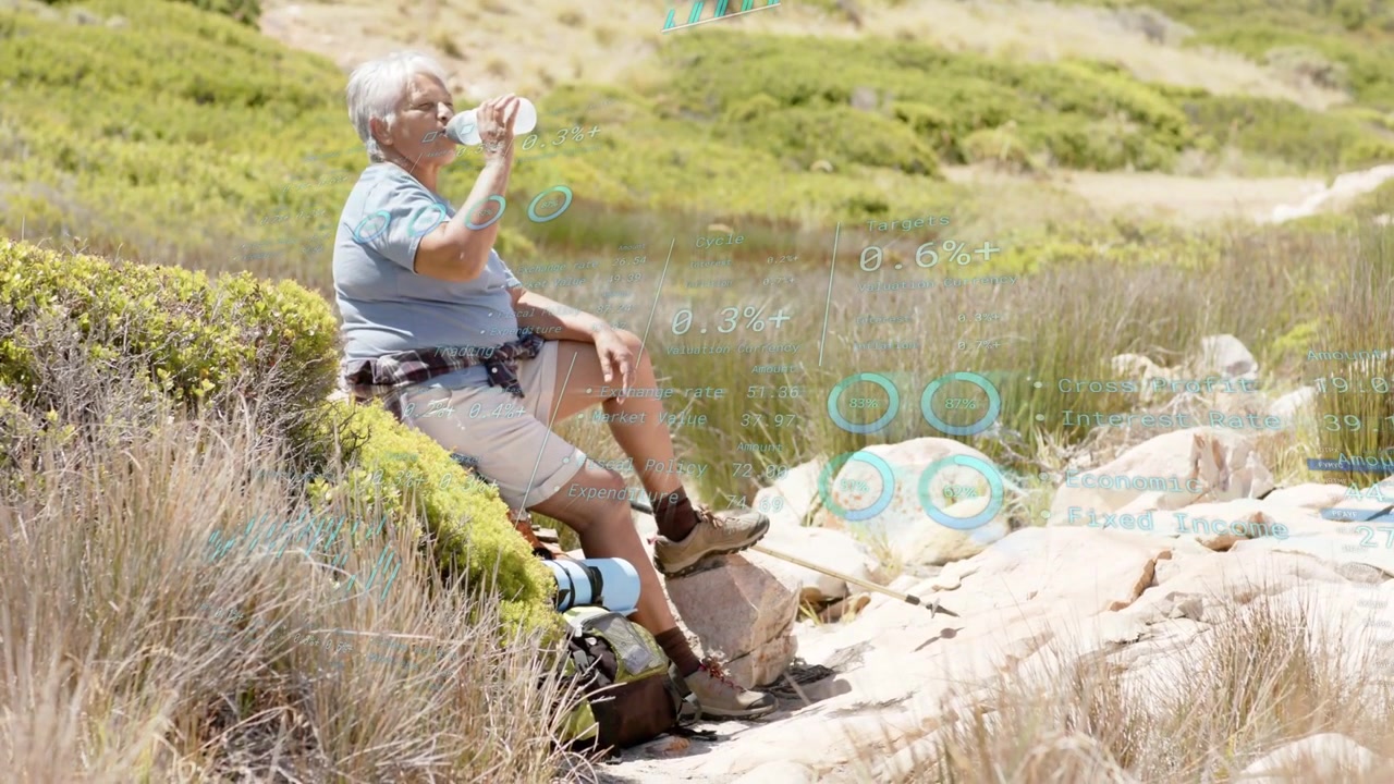 Senior hiker reaching for bottle, sipping for health while teal overlays floating right of hiker