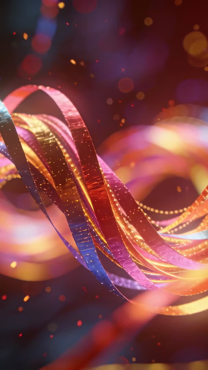 Vertical video: Animating ribbons weaving in dark studio, showing metal sheen, beads, embers, bokeh