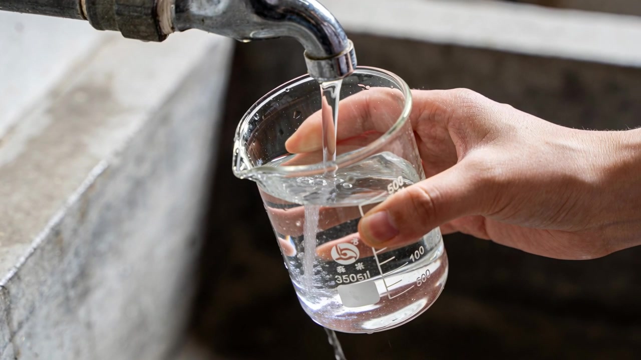 Eine einzelne Hand füllt einen Messbecher unter einem offenen Wasserhahn an einem Spülbecken und peilt die Messung an.