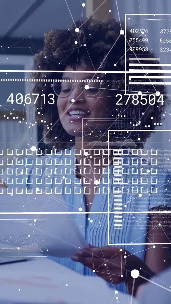 Vertical video: Woman lifting papers near while scanning, HUD numbers aligning for finance review