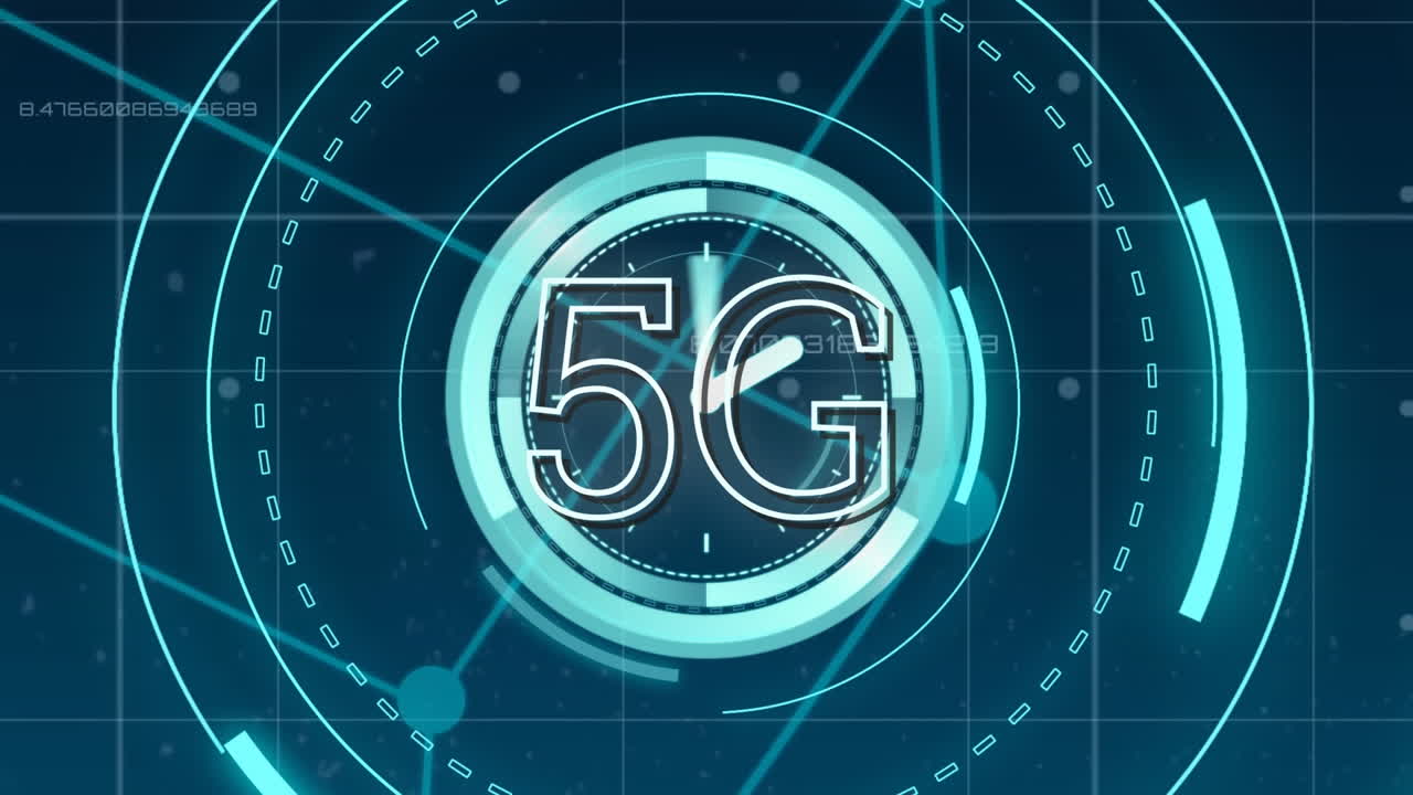 animazione della rete di connessioni e scansione degli scopi con testo 5g su sfondo scuro