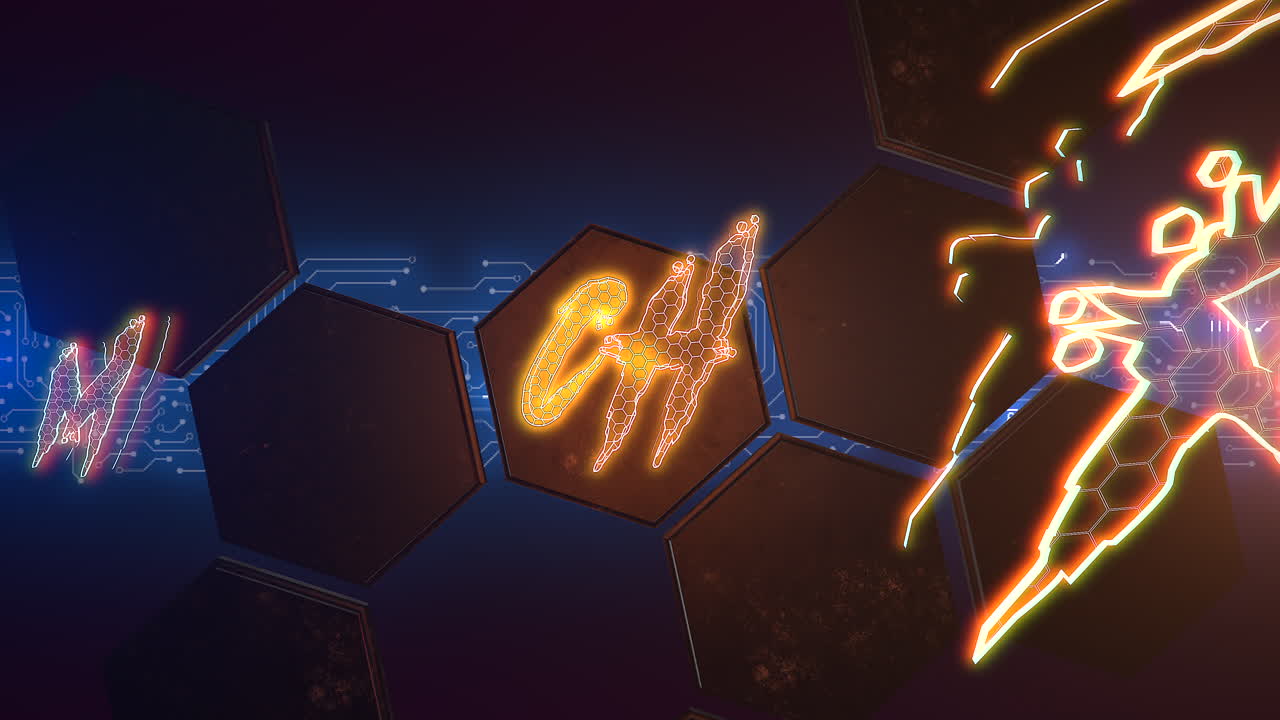 texto de animación feliz navidad y fondo de animación cyberpunk con chip de computadora y hexágonos