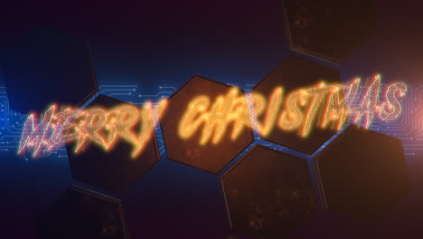 Animation-text-Merry-Christmas-and-cyberpunk-animation-background-with-computer-chip-and-hexagons