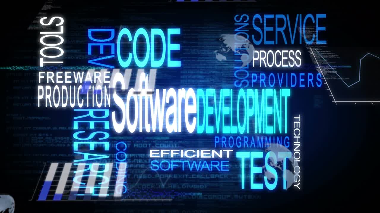Software DEVELOPMENT starting, expanding as keywords flying in, forming tech word cloud for opener