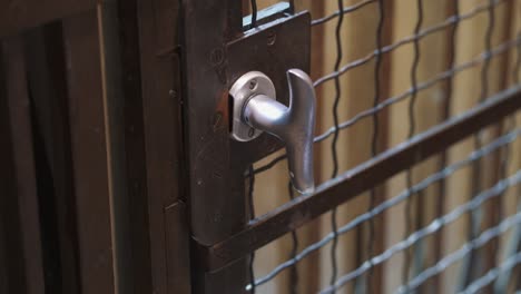 a person closing the sliding gate with a metallic handle of an old elevator descending on the floor