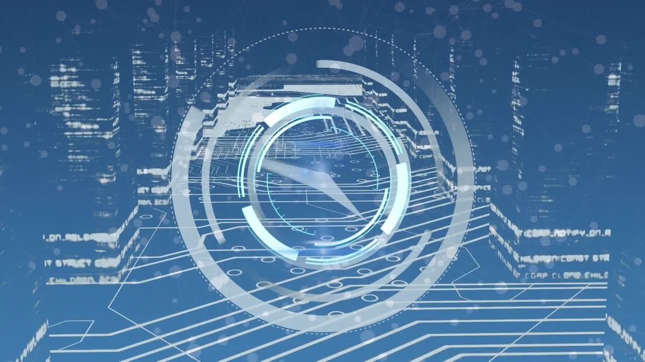 Animation of clock and data processing over blue background