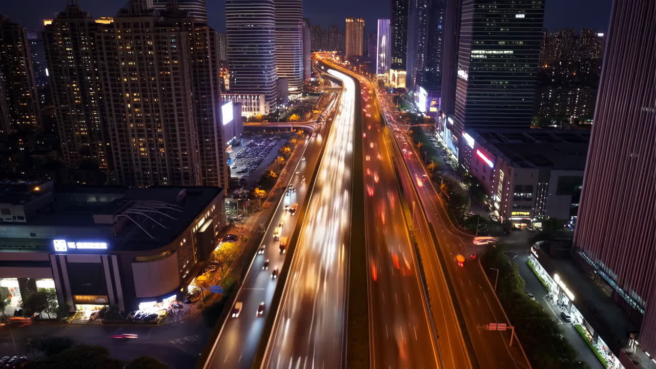 Night View of a City Highway with Light Trails