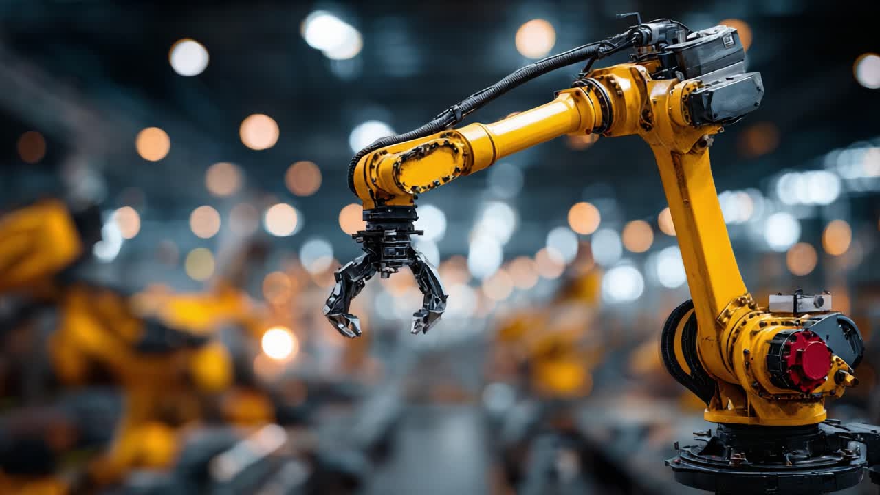 Advanced Industrial Robotic Arm in Action: A Dynamic Showcase of Automation Technology in a Modern Manufacturing Environment