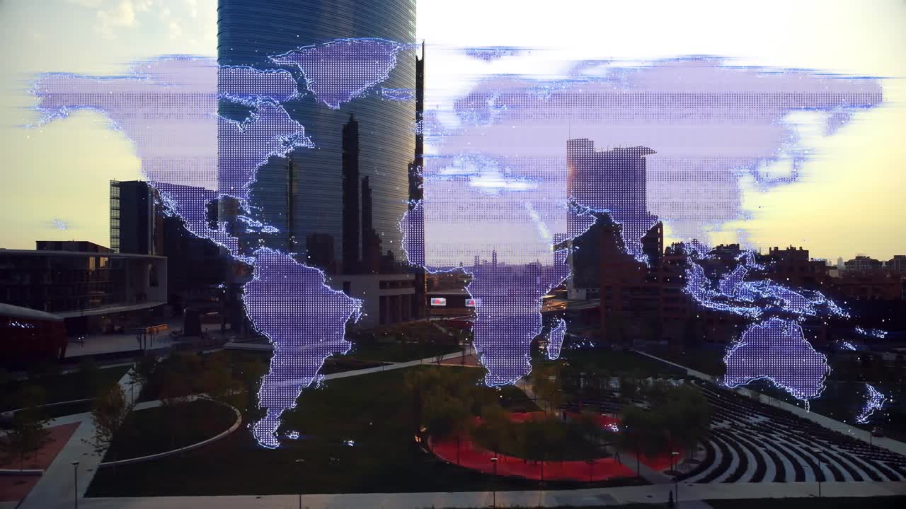 Sun brightening, purple map overlay shifting, glitching and thinning, revealing plaza and skyline