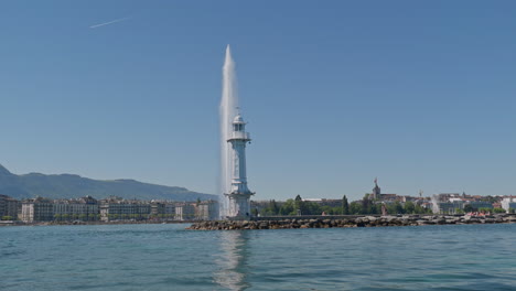 peaceful morning in geneva with the iconic jet d’eau rising from the lake, calm waters reflecting the clear sky, and the city slowly coming to life in the morning light.