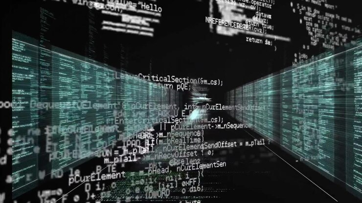 Opening shot showing code tunnel drawing viewer inward as fragments scrolling, rotating