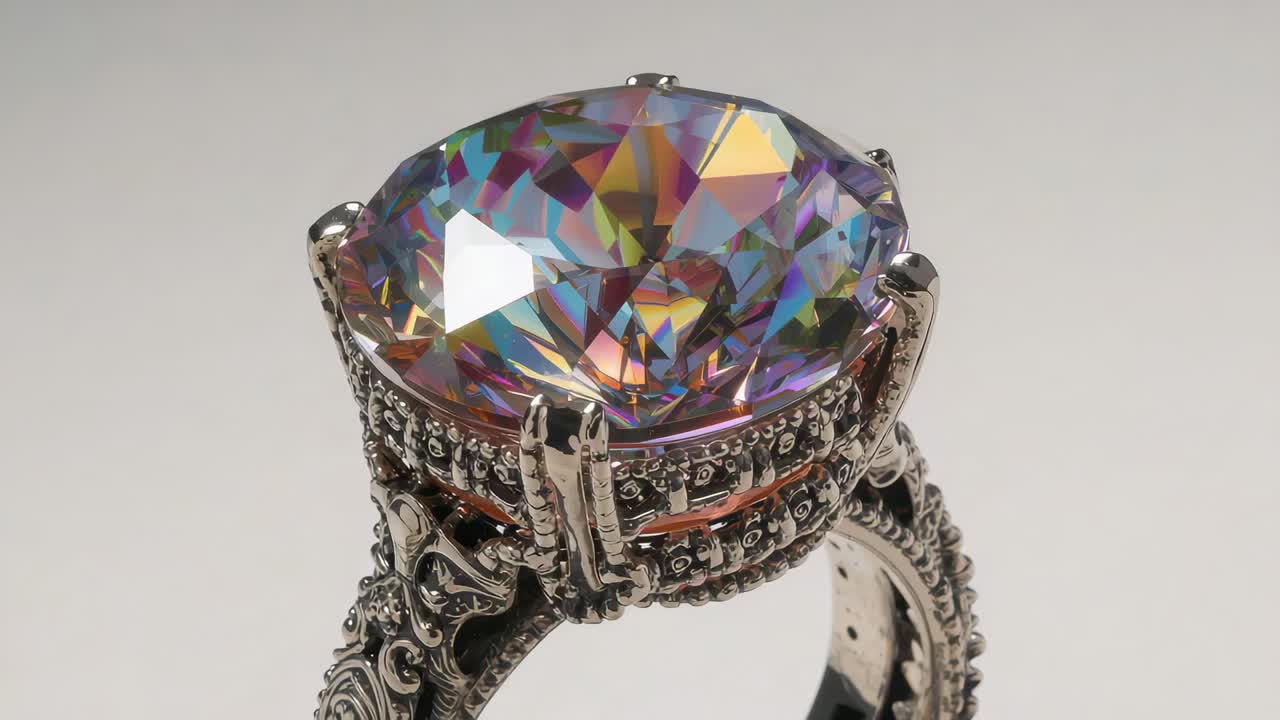 Supporto rotante che fa girare un anello d'argento decorato in studio, rivelando una gemma iridescente e filigrana