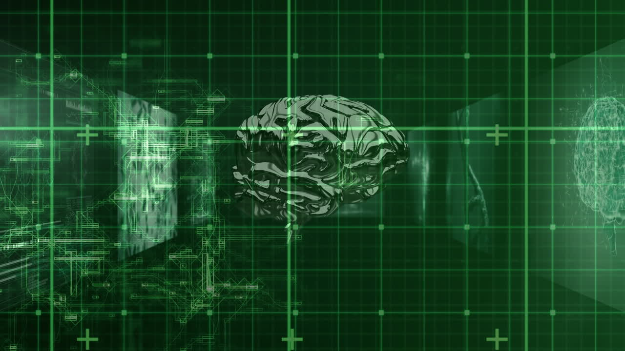 Grid network over spinning human brain against multiple screens with data processing