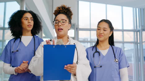 doctors, teamwork and women in hospital hallway
