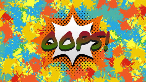 Animation-of-oops-text-on-explosion-over-orange,-yellow-and-blue-paint-splashes