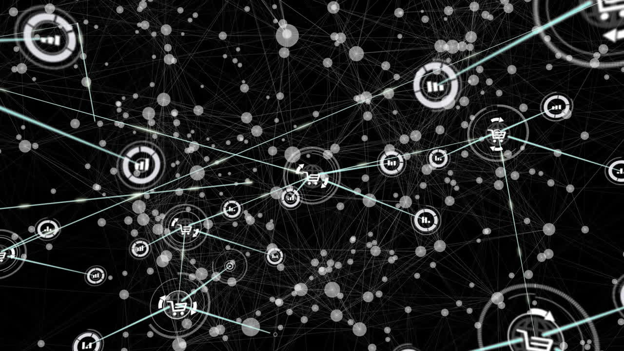 animación de la red de conexiones e iconos digitales contra un fondo negro