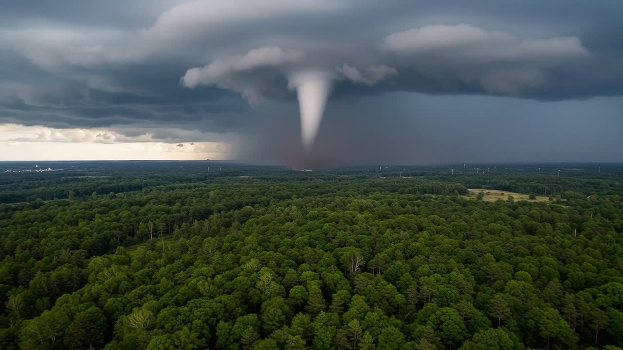 A Dramatic Tornado Descends from Dark Storm Clouds Over Lush Green Forest, Capturing the Power and Majesty of Nature's Fury in a Stunning Aerial View