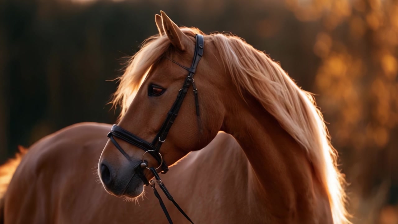 Ritratti maestosi di cavalli dorati: Primi piani accattivanti di un bellissimo cavallo in una morbida luce serale, che mostra le sue caratteristiche aggraziate e la criniera fluente