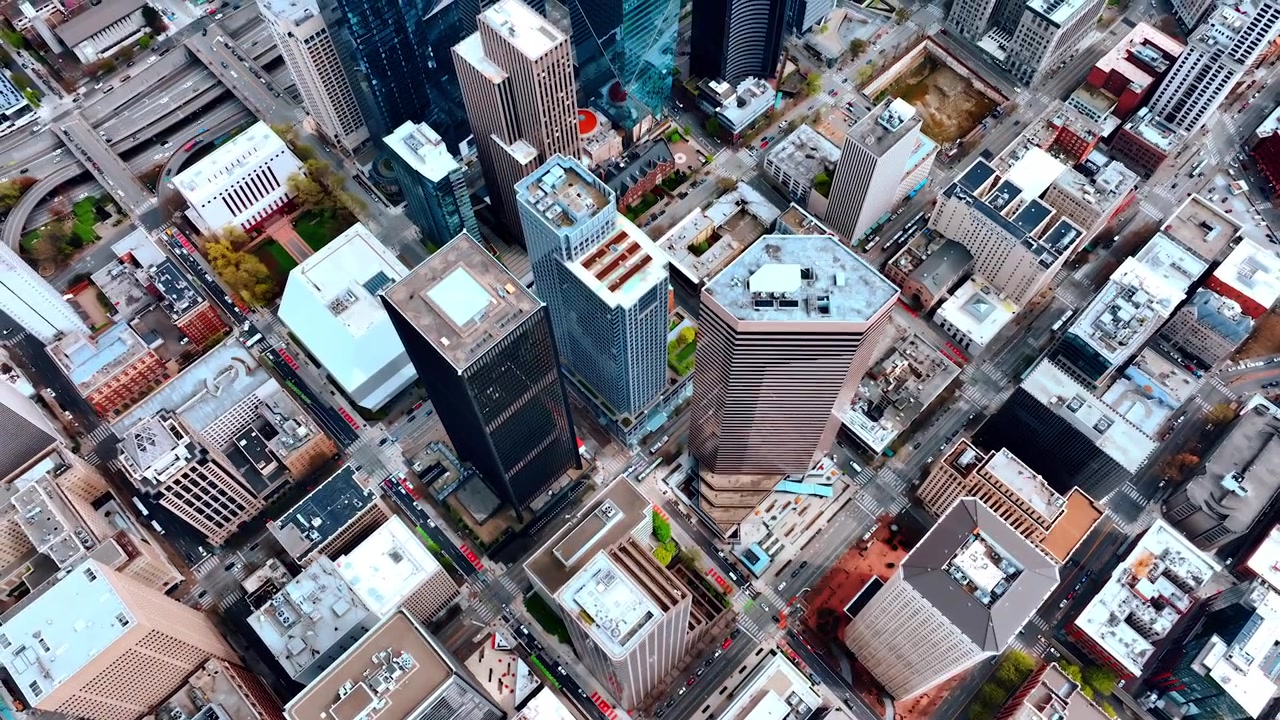 Elevando-se acima dos telhados dos edifícios mais altos no panorama de Seattle, Washington, EUA. Paisagem densamente construída da metrópole durante o dia.