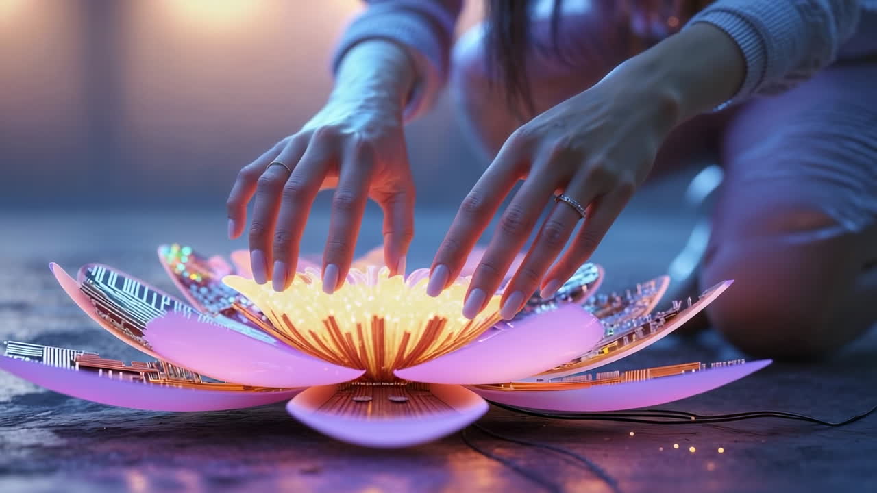 Hands Interacting with a Glowing AI Lotus