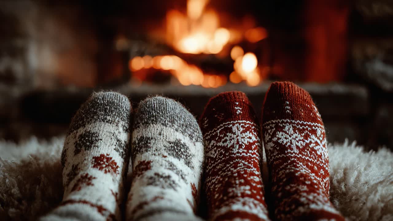 Cozy Feet by the Fire: Enjoying a Warm Evening with Knitted Socks and the Comforting Glow of a Crackling Fireplace