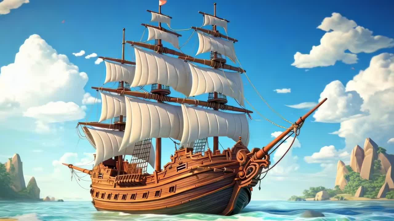 A vibrant 3D animated pirate ship sails on calm waters under a blue sky