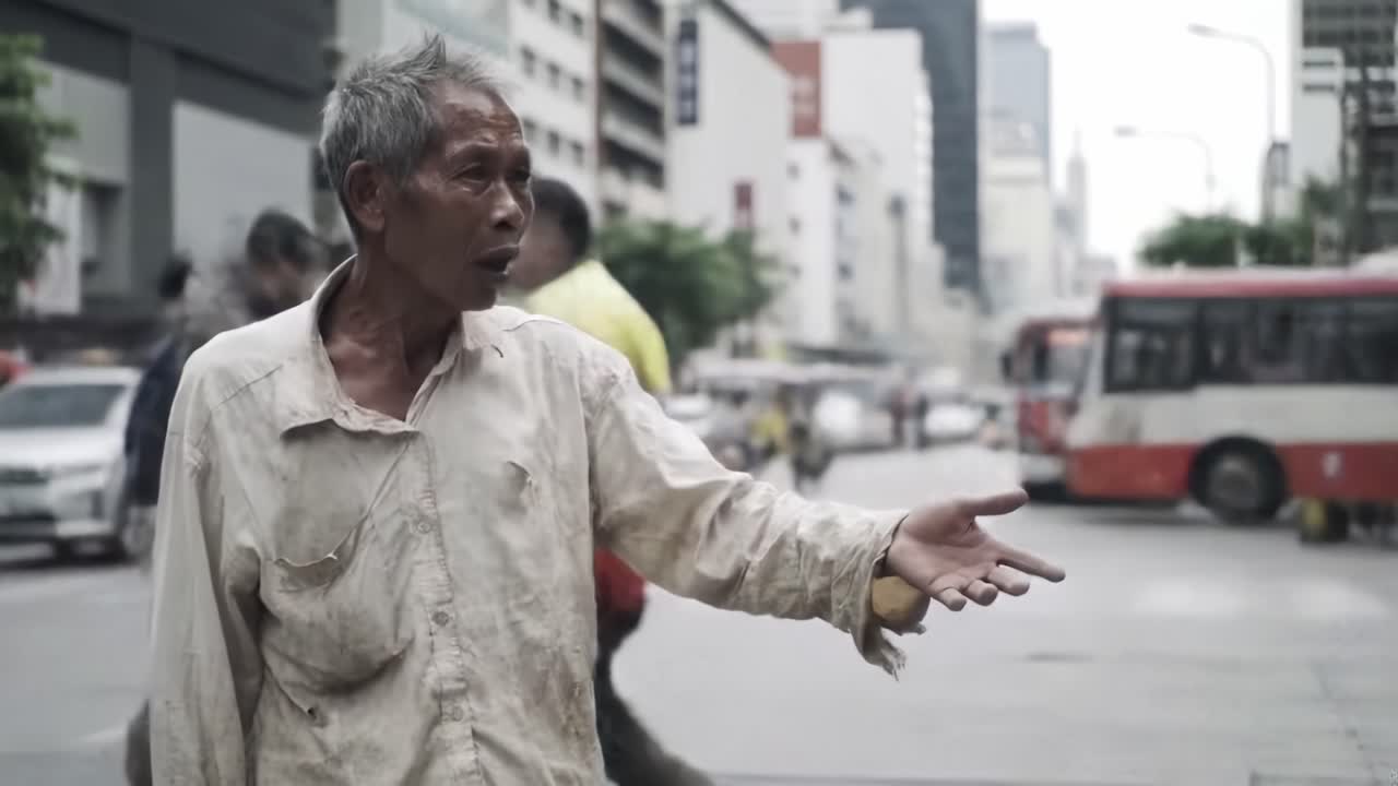 A Struggling Man on the Streets: A Powerful Scene Captures a Vulnerable Individual in Urban Life, Highlighting Themes of Poverty and Human Resilience
