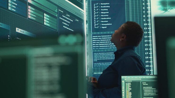 Cyber intelligence specialist examines data on big screen in governmental agency