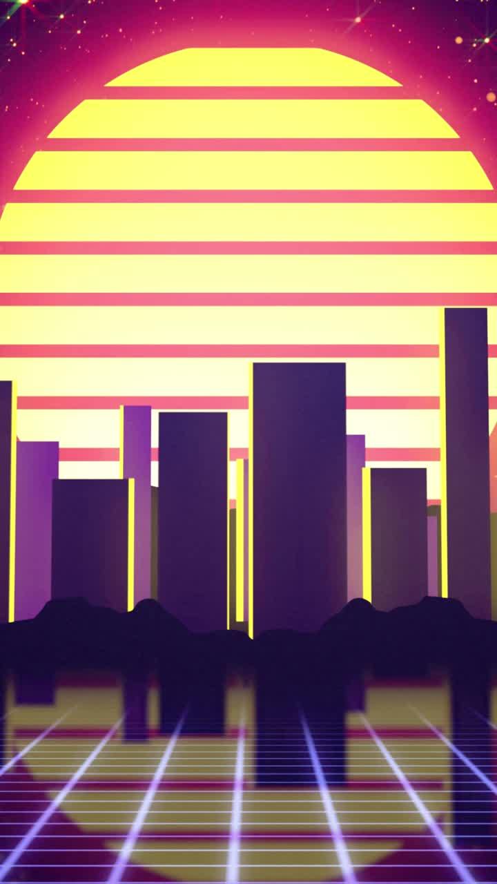 Paesaggio urbano synthwave animato con sole retrò e riflesso a griglia