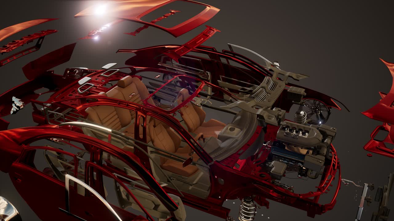 coche desmontado con partes visibles