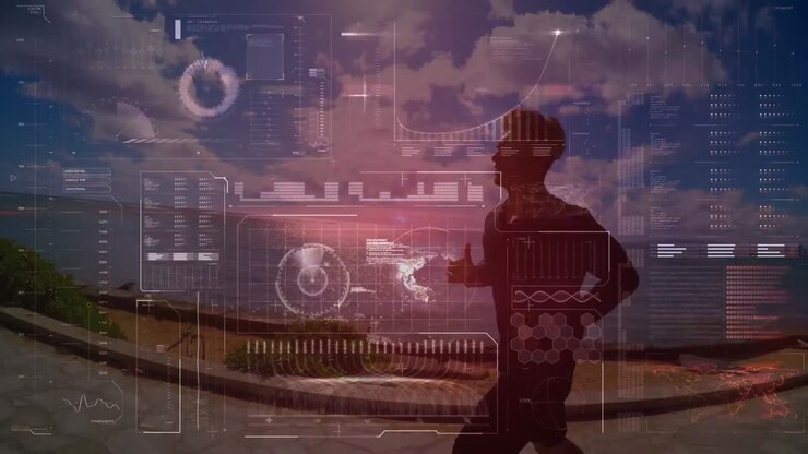 Animation of data processing over fit man running at beach