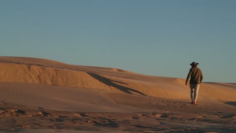 silhouette of figure walking on sand ridge of desert at sunset