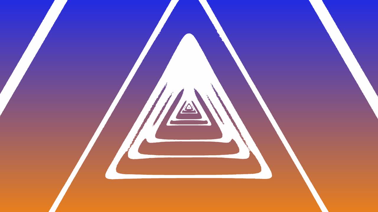 Seamless flight through endless tunnel of white triangles with rounded corners on a blue and orange gradient background