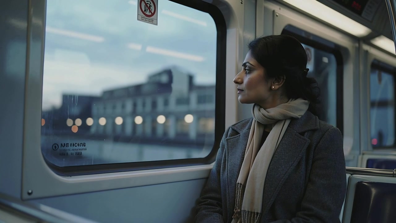Turning commuter to window as train passing platform watching lights coat scarf sticker, copy space