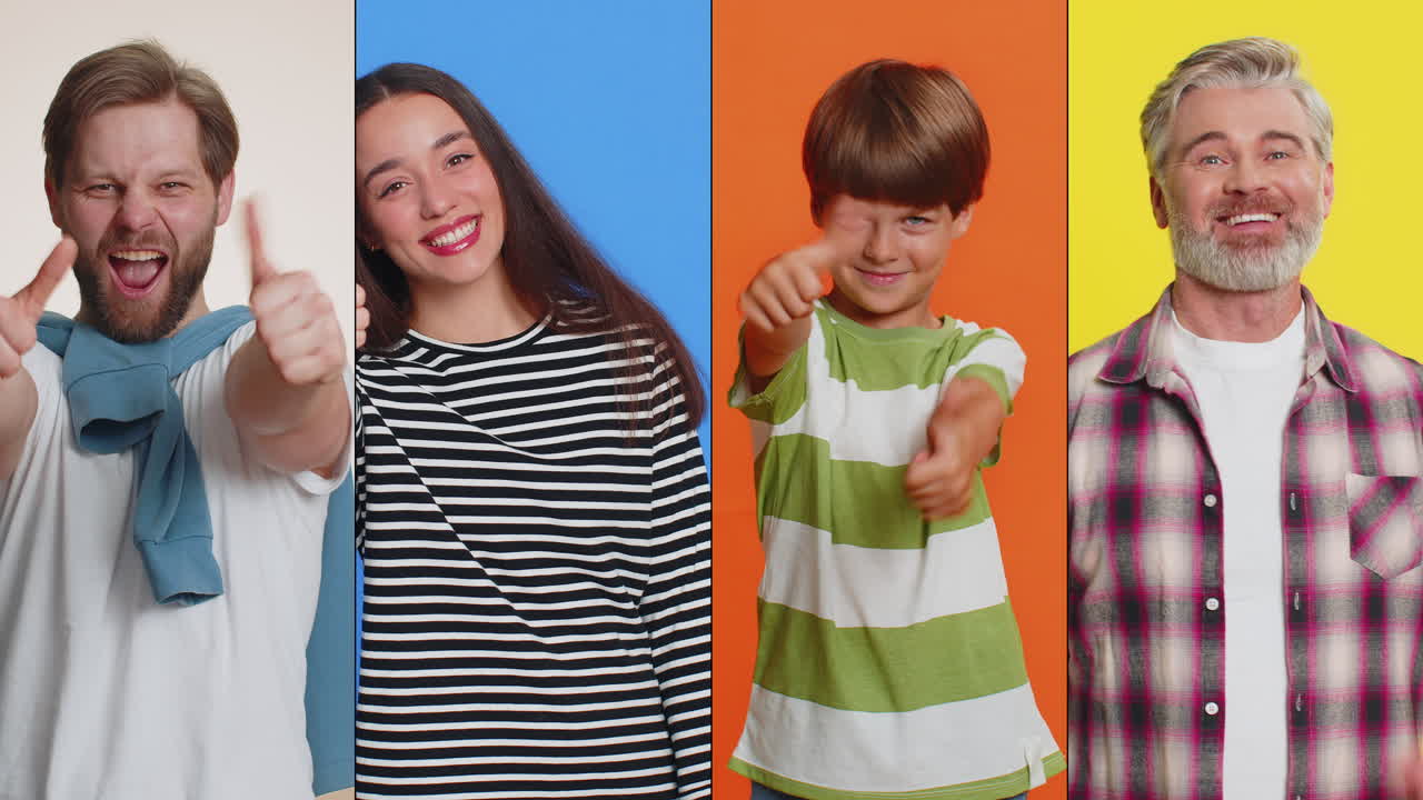 다양한 행복하고 미소 짓는 사람들의 콜라지는 긍정적인 좋은 긍정적인 피드백을 표시하는 것처럼 엄지손가락을 보여줍니다.