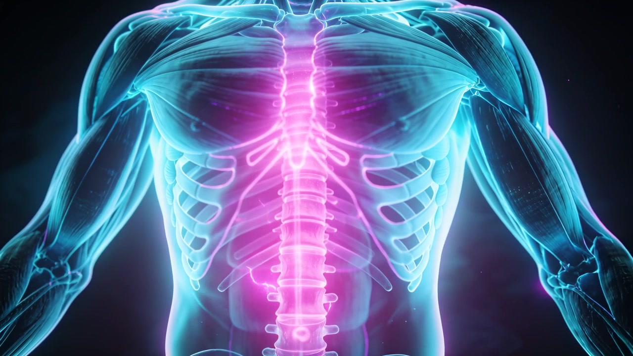 Animating medical torso tracing pink spinal glow from lumbar upward to sternum showing spine detail