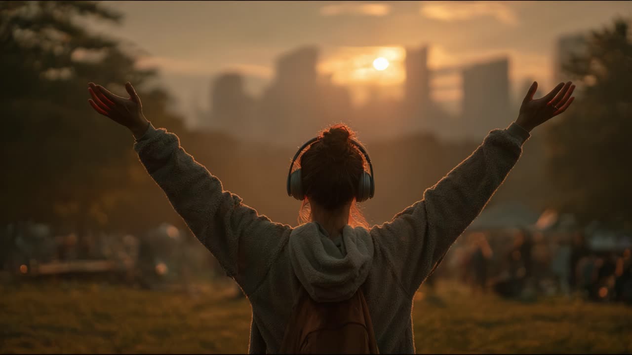 A person with headphones raises their arms in a peaceful park at sunset, celebrating nature and the urban skyline, surrounded by a dreamy golden ambiance