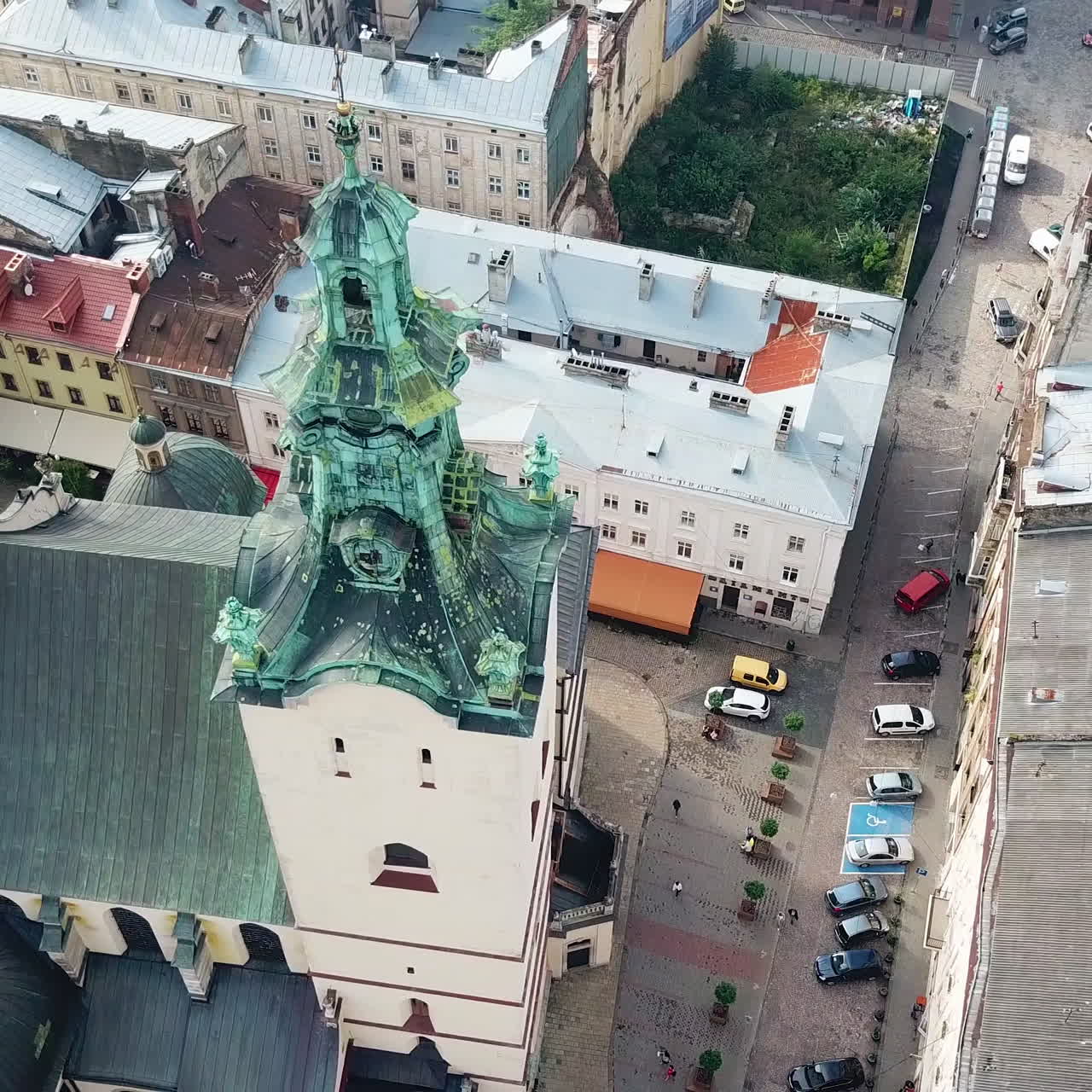 Aerial view of central streets in Lviv, Ukraine. Panorama of the ancient city with the roofs of old historical buildings.