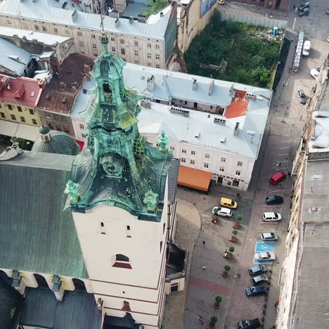 aerial view of central streets in lviv, ukraine. panorama of the ancient city with the roofs of old historical buildings.