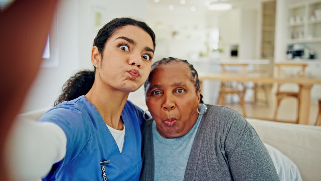 Mature patient, nurse and selfie of happy people