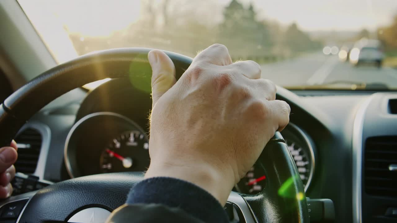 Reacting to glare, driver in dark sleeves adjusting wheel grip, keeping lane on suburban road
