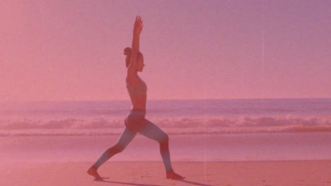 practicing yoga on beach, woman in warrior pose over pink animation