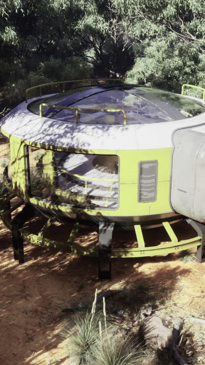 Futuristic pod nestled in lush forest environment during daytime exploration