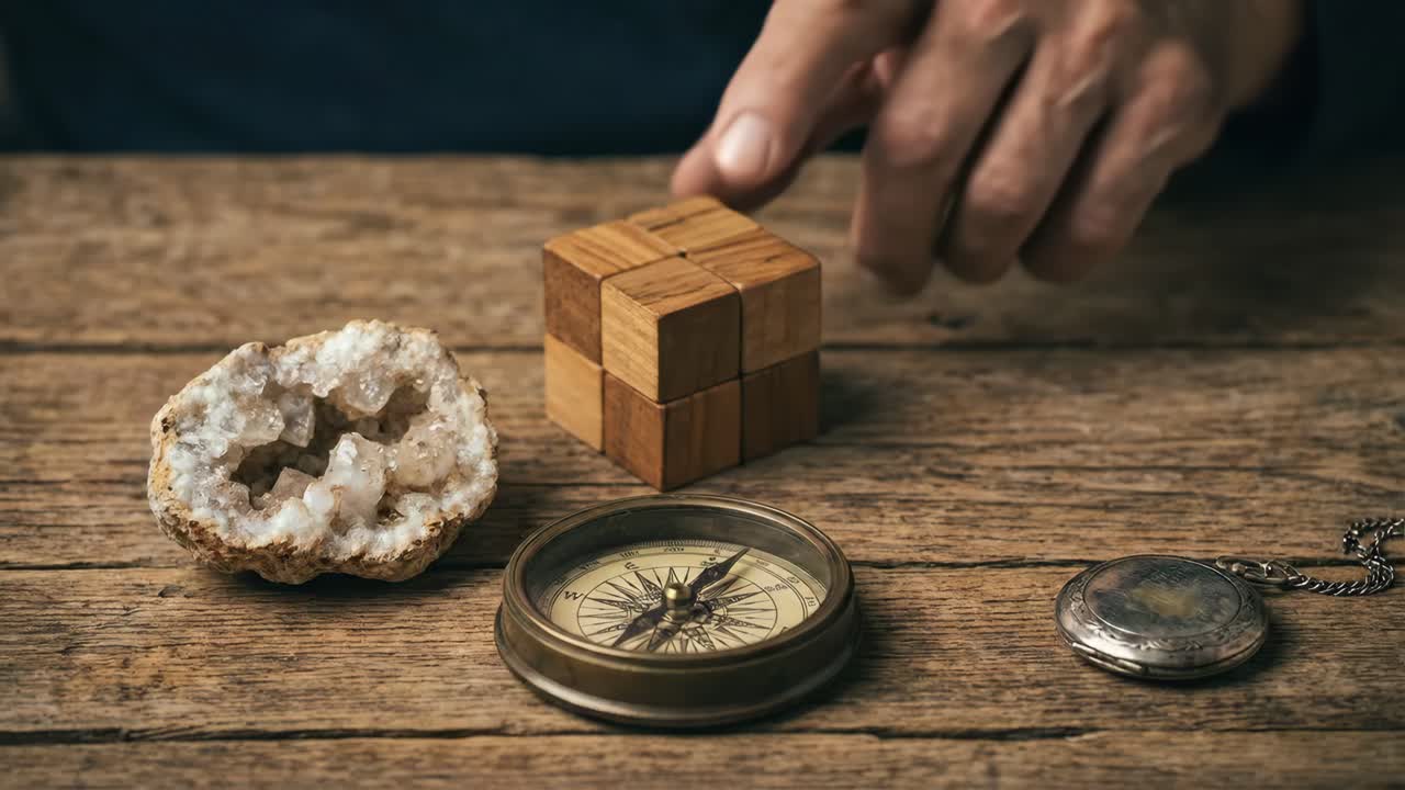 Mano con bussola, puzzle e geode su tavolo di legno