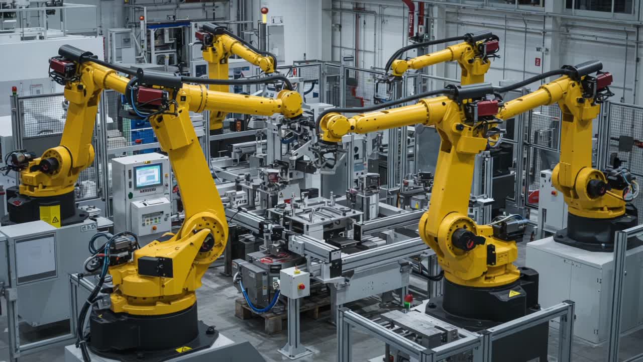 Advanced Robotic Automation in a Modern Manufacturing Facility Showcasing Yellow Robotic Arms Performing Precise Movements and Tasks in an Industrial Setting