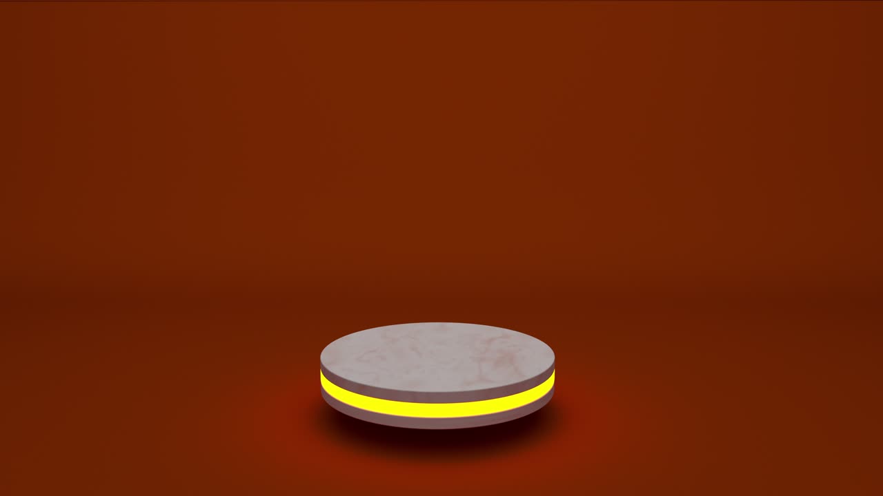 el soporte de producto de mármol es un pedestal futurista o de podio en una pantalla vacía que crece con una luz intermitente con telón de fondo naranja. renderización 3d. bucle sin costuras.