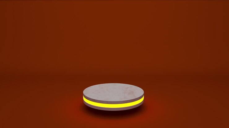 Marmor produktstander futuristisk eller podie piedestal på tom udstilling med voksende blinkende lys og orange baggrunde. 3D-rendering. Sømløs loop