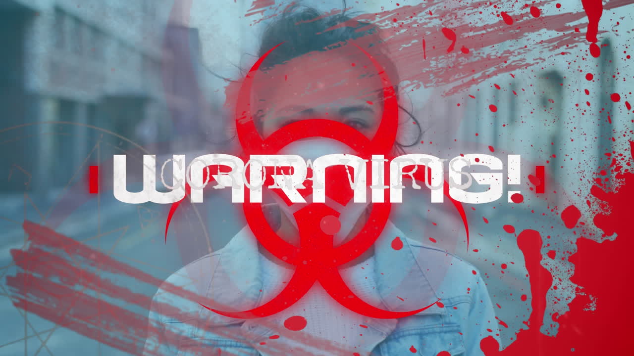 animación del procesamiento de datos de covid-19 sobre el símbolo de riesgo biológico y una mujer con máscara facial