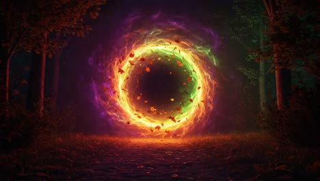 A Mysterious Portal Surrounded by Nature&#039;s Beauty, Emitting Colorful Energies and Whirling Leaves in a Forest Setting, Capturing the Essence of Fantasy and Enchantment