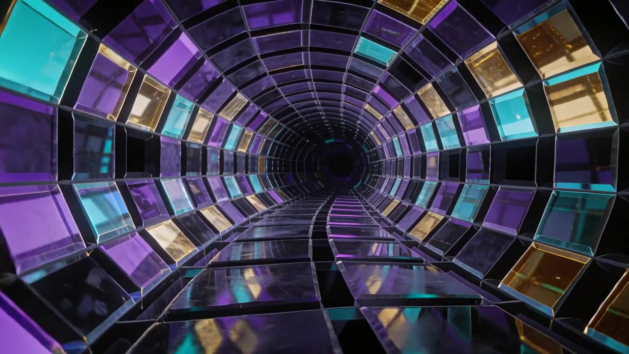 Gliding camera starting entry tracking in drawing eye through tiled tunnel, floor mirroring panels